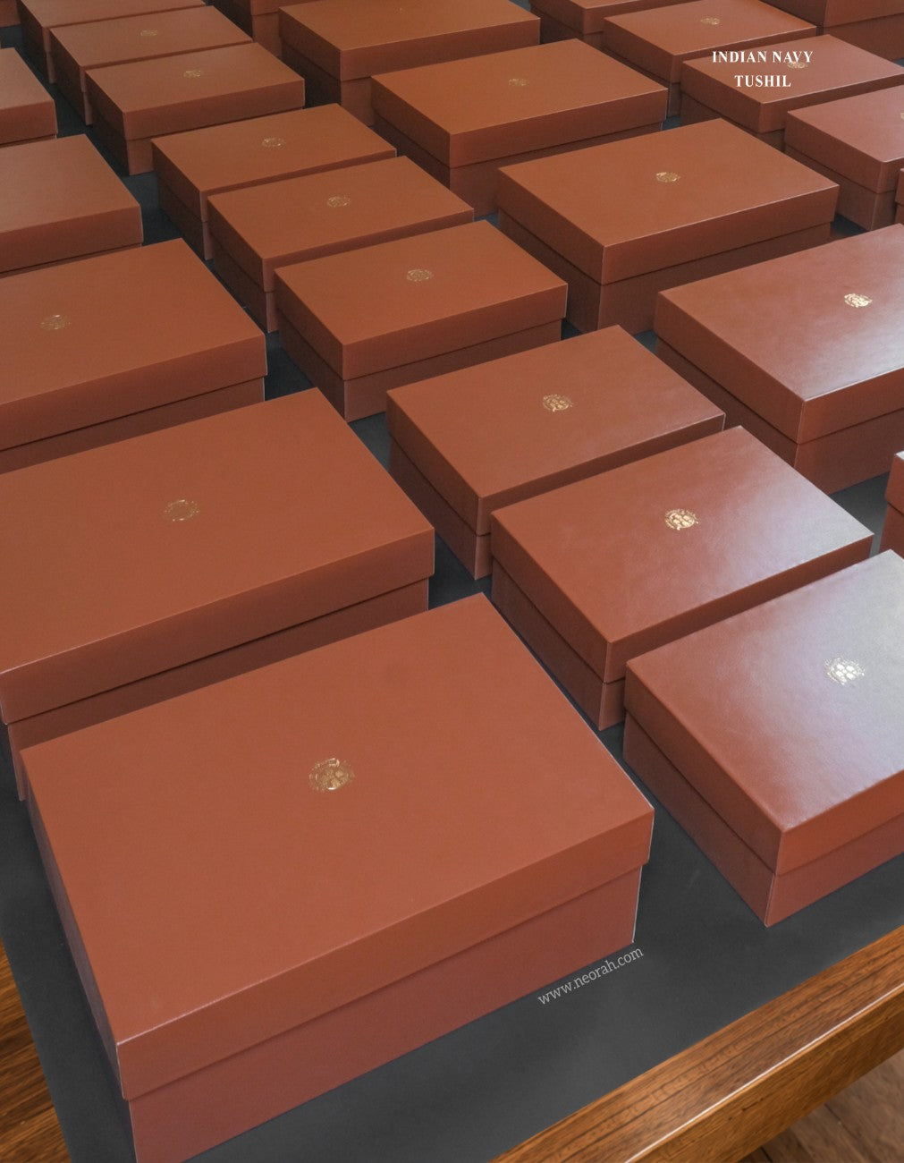 Customised gift box with gold embossed logo for INS Tushil corporate gift
