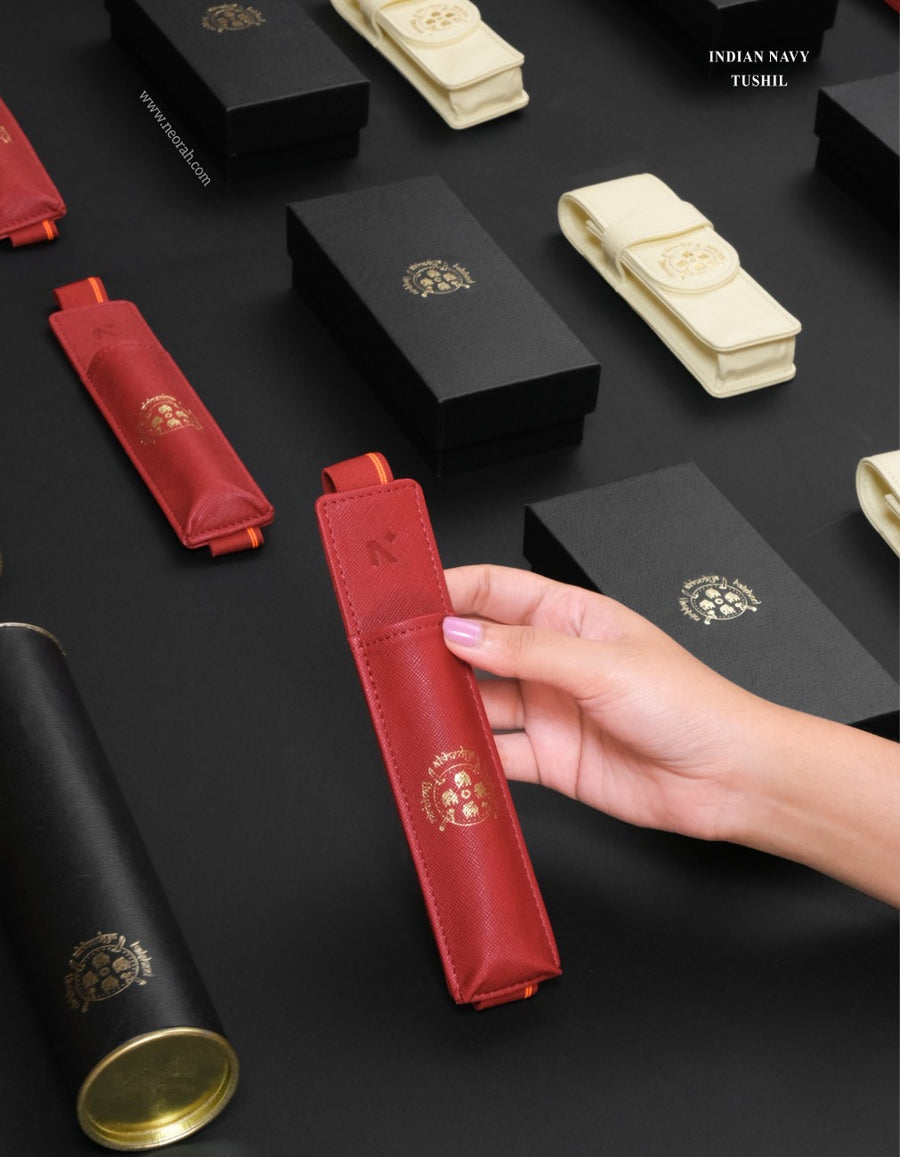 pen holder logo : gold + blind embossing  - INS TUSHIL corporate gift