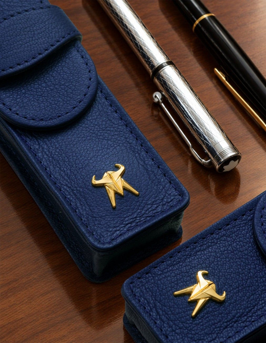 goat leather pen case customised with metal logo - INDIAN NAVAL SHIP MORMUGAO corporate gift