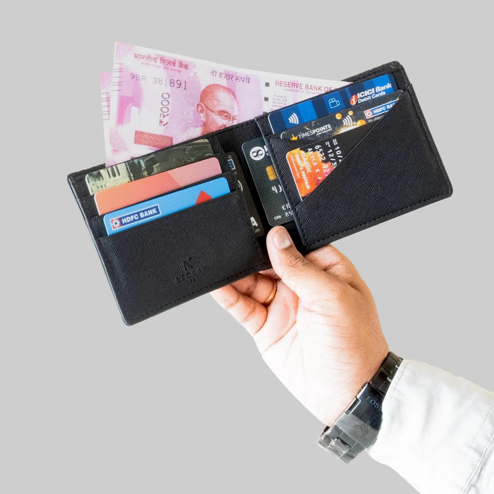 It has 2 spacious wall compartments for Currency &amp; Receipts and 8 card slots are also double panelled with Vegan leather and not slits