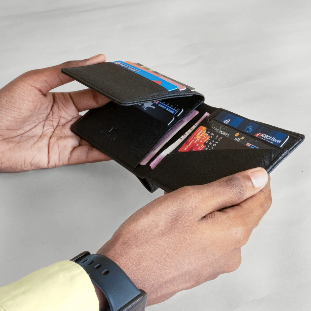 
 It has 2 spacious wall compartments for Currency &amp; Receipts and 11 card slots are also double panelled with Vegan leather and not slits.