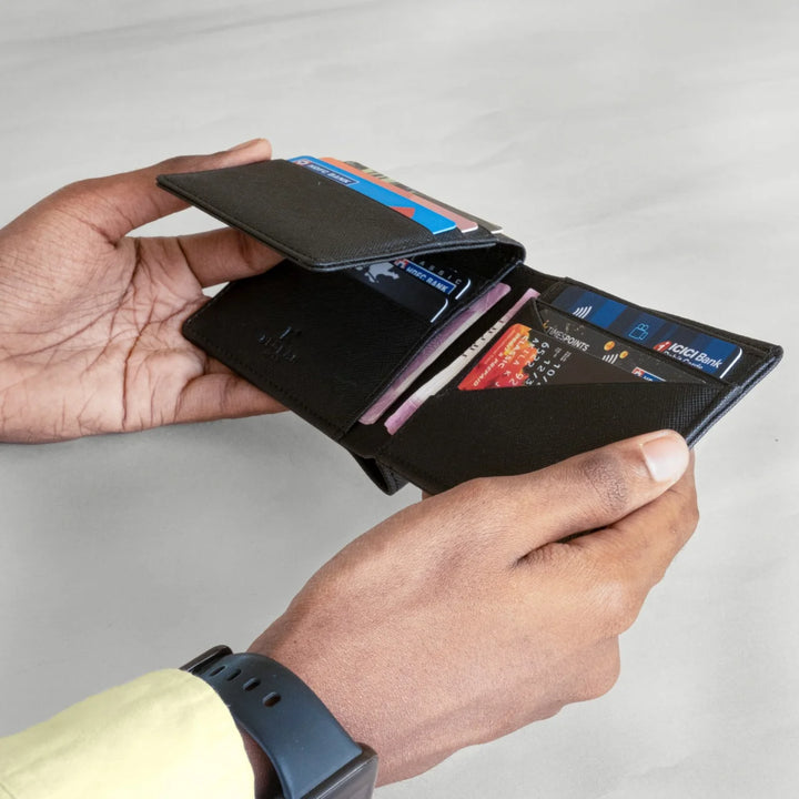 
 It has 2 spacious wall compartments for Currency &amp; Receipts and 11 card slots are also double panelled with Vegan leather and not slits.